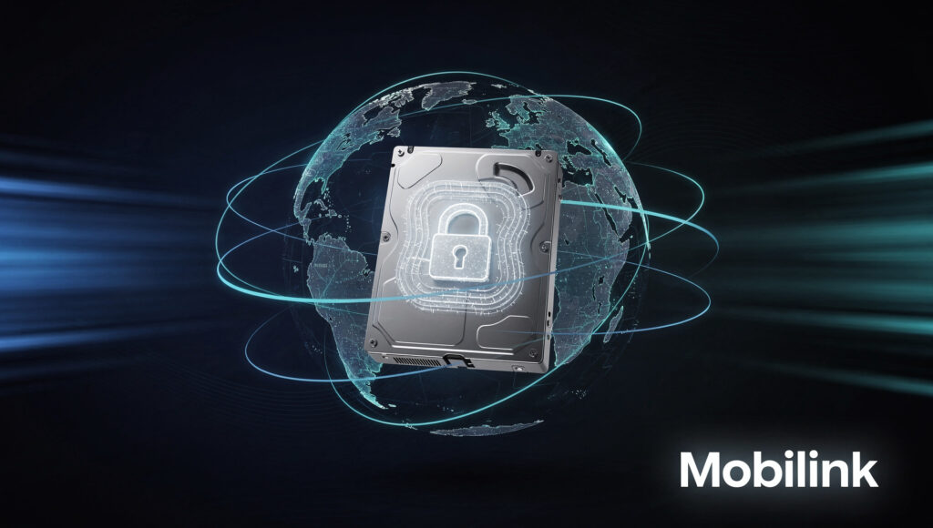 Business professional using Mobilink for secure P2P file transfer on laptop and smartphone