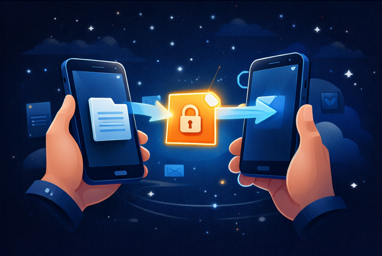 Peer-to-peer encrypted file transfer between devices, ensuring files do not pass through servers or get cached