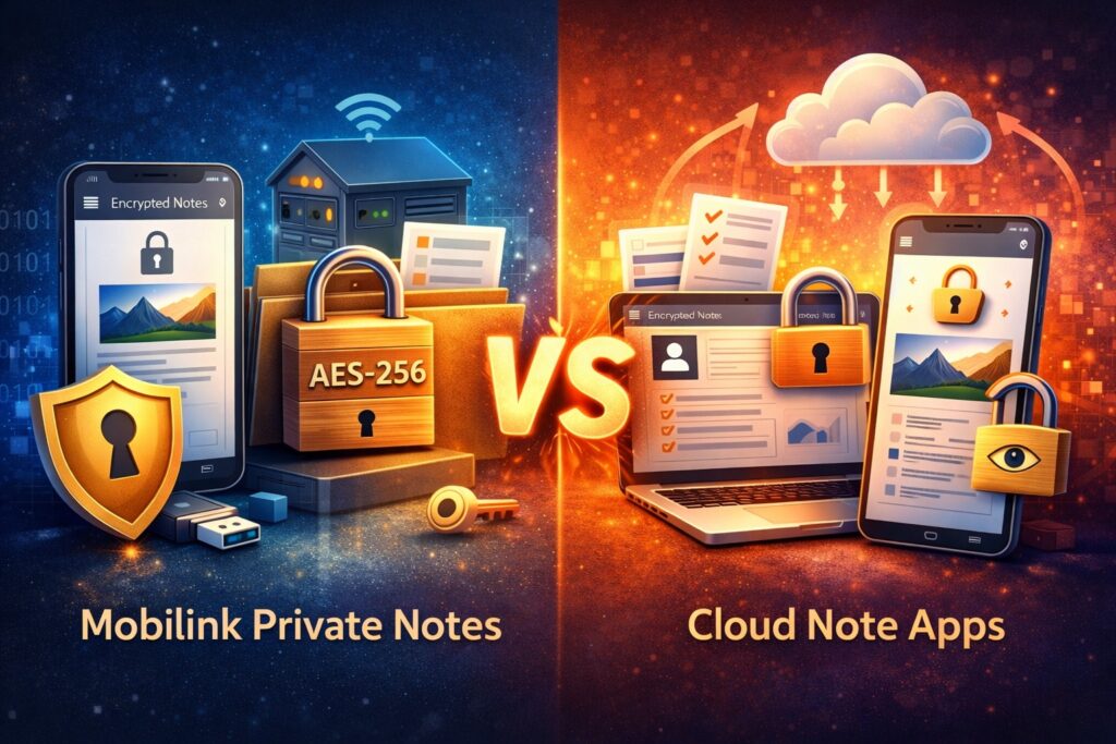 Illustration comparing Mobilink Private Notes and cloud note apps: on the left, encrypted notes on phone and laptop with AES-256 and private storage; on the right, cloud notes with visible server and potential privacy risks, highlighting secure local encryption versus public cloud exposure.