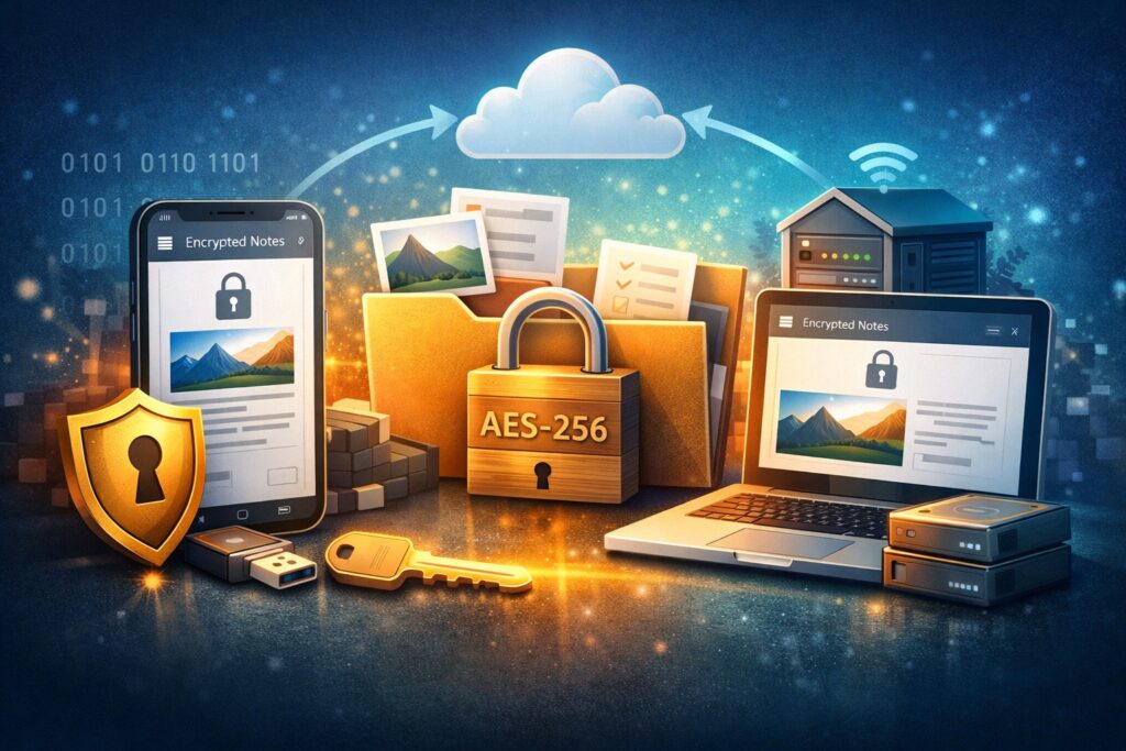 Encrypted private notes illustration showing secure AES-256 protected notes stored locally on phone and laptop with private device-to-device synchronization