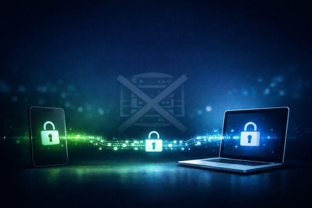 End-to-end encrypted peer-to-peer communication between a smartphone and a laptop, showing secure data transfer without server storage, representing private messaging with no centralized servers.
