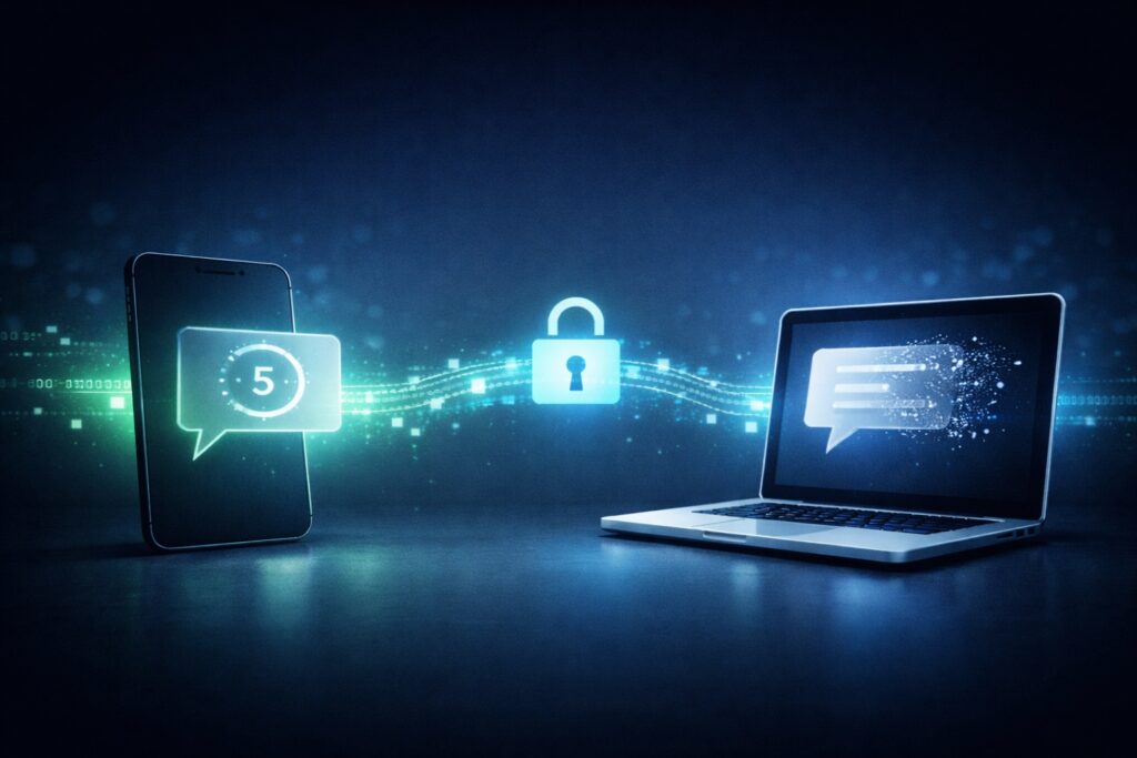 Self-destructing and recalled messages between smartphone and laptop, illustrating private peer-to-peer communication with encrypted, temporary messaging and full user control.