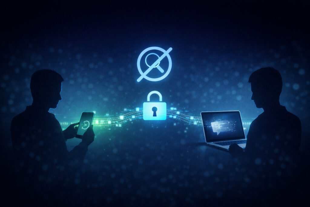 Illustration of non-traceable messaging between a smartphone and laptop, showing secure peer-to-peer communication with encryption, no metadata collection, and protection against surveillance.