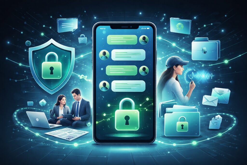 Illustration of a smartphone displaying encrypted peer-to-peer messages, surrounded by security icons, locked folders, and people exchanging information in a futuristic digital network environment, representing secure and private communication.