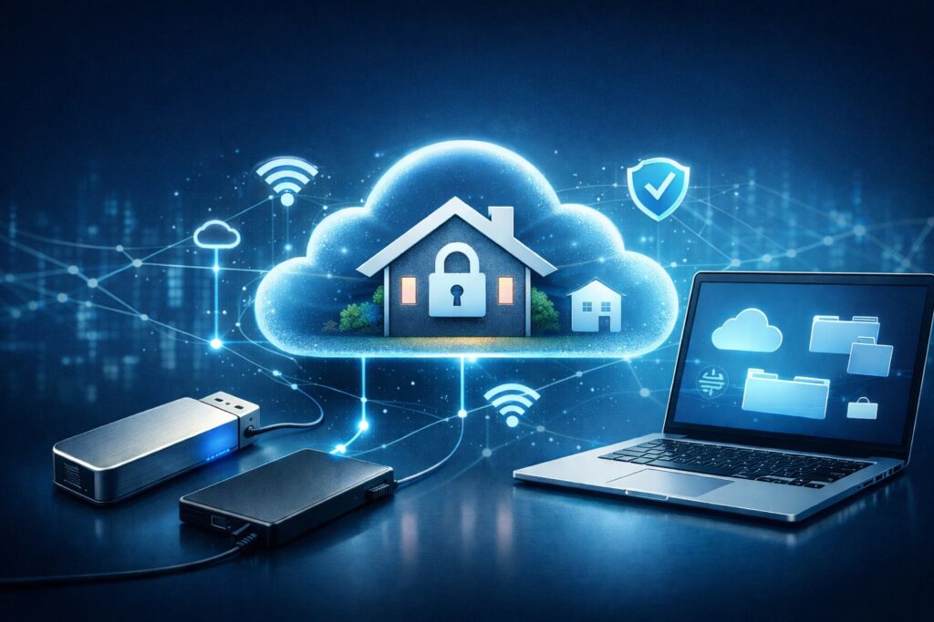 A secure private cloud setup showing a laptop connected to a USB flash drive and external hard drive, with encrypted data linked to a cloud-protected home network.