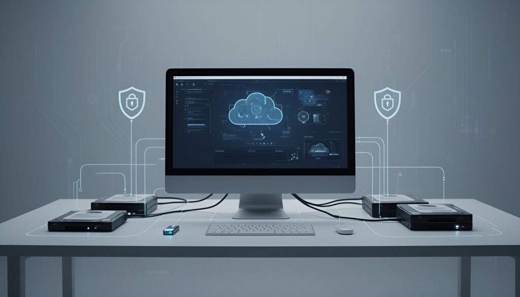 Computer connected to external hard drives and a USB flash drive, illustrating a private cloud experience where data remains on local devices.