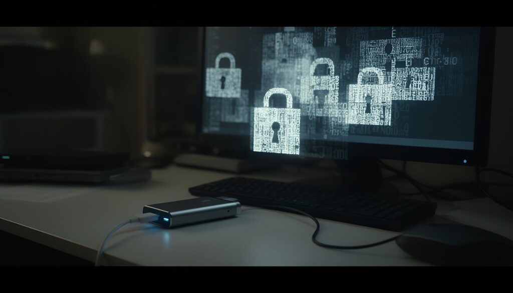 Encrypted external storage connected to an untrusted computer, illustrating that data remains unreadable without authorization.