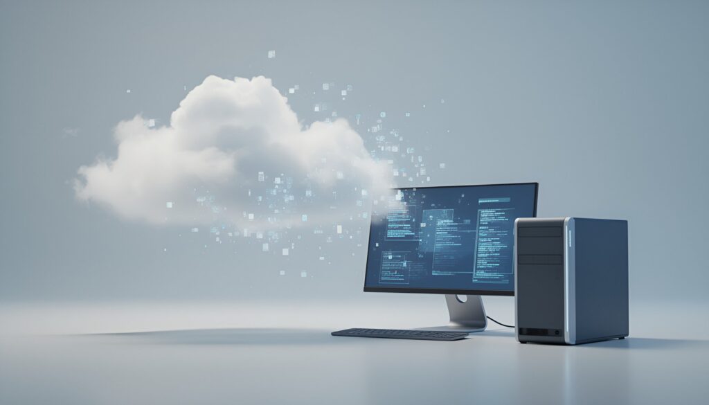 Abstract illustration showing data traces persisting in a cloud environment contrasted with clearly defined and controlled local storage.