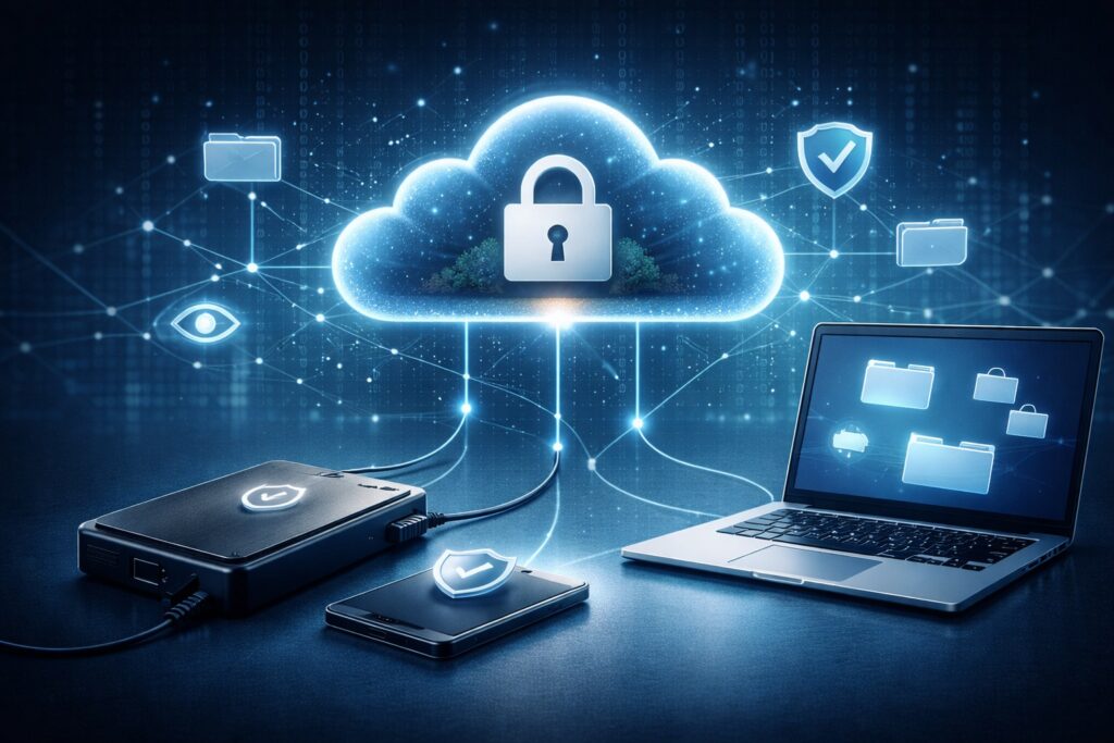 Data sovereignty concept showing encrypted local storage devices connected securely to a personal computer, emphasizing privacy, isolation, and user-controlled data.