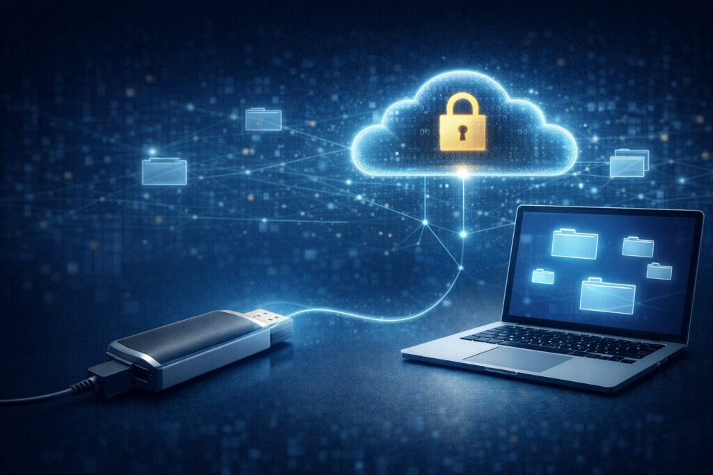 USB flash drive connected to a laptop, illustrating secure remote access to external storage through encrypted private cloud connectivity.