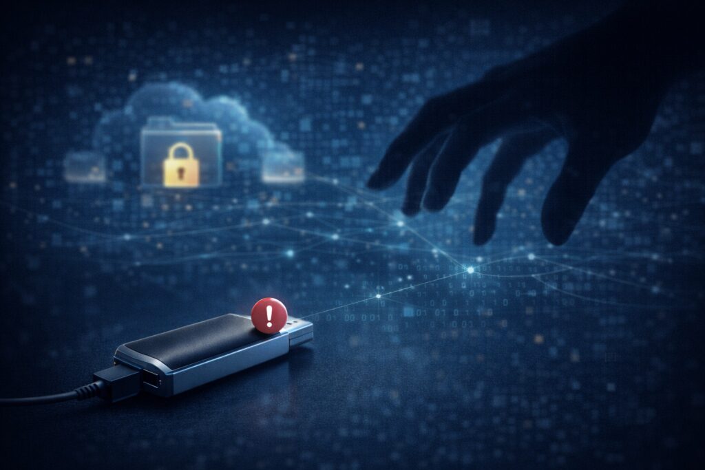 Encrypted USB flash drive protected against unauthorized access, illustrating data security even if the physical device is lost.