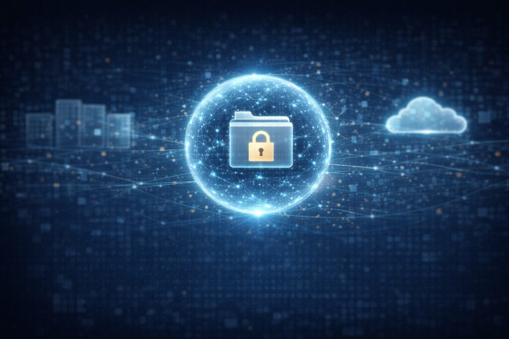 External storage connected to a computer with secure remote access, illustrating a system that bridges local storage and private cloud functionality.