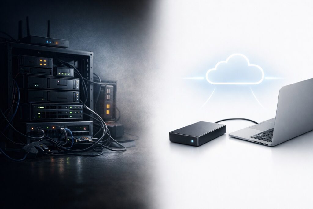 External hard drive connected to a computer, representing a simple alternative to traditional NAS systems.