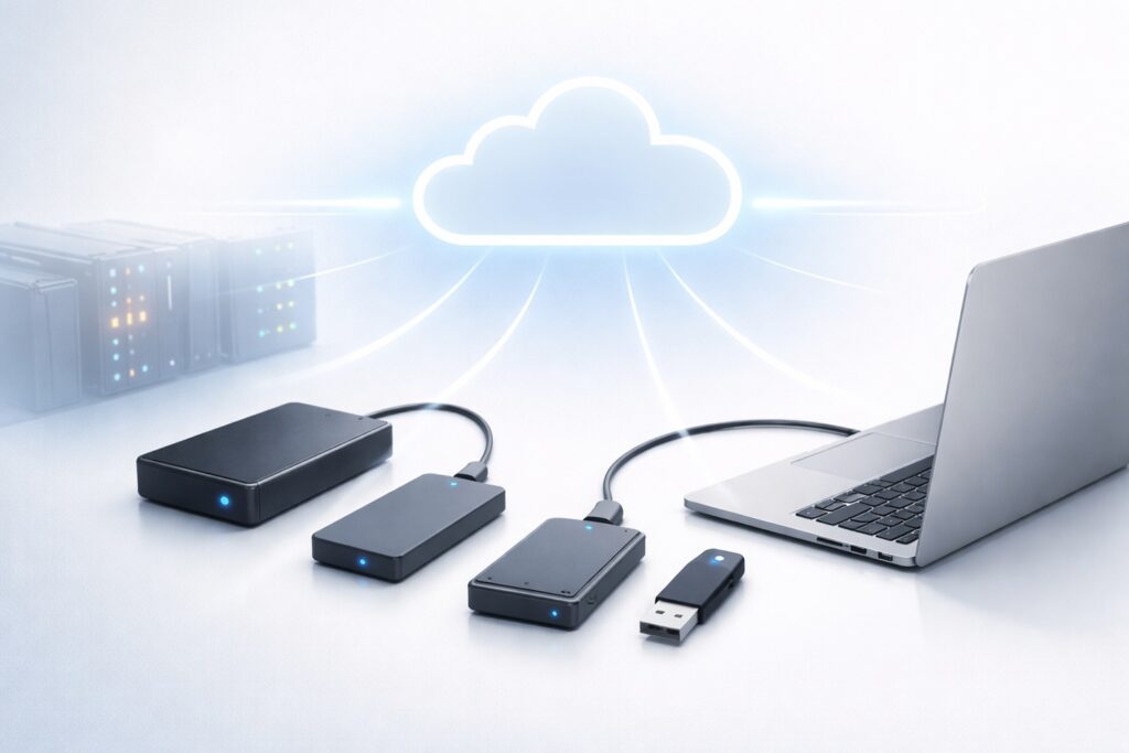 External storage devices connected to a laptop, forming a private cloud through secure software-defined connectivity.