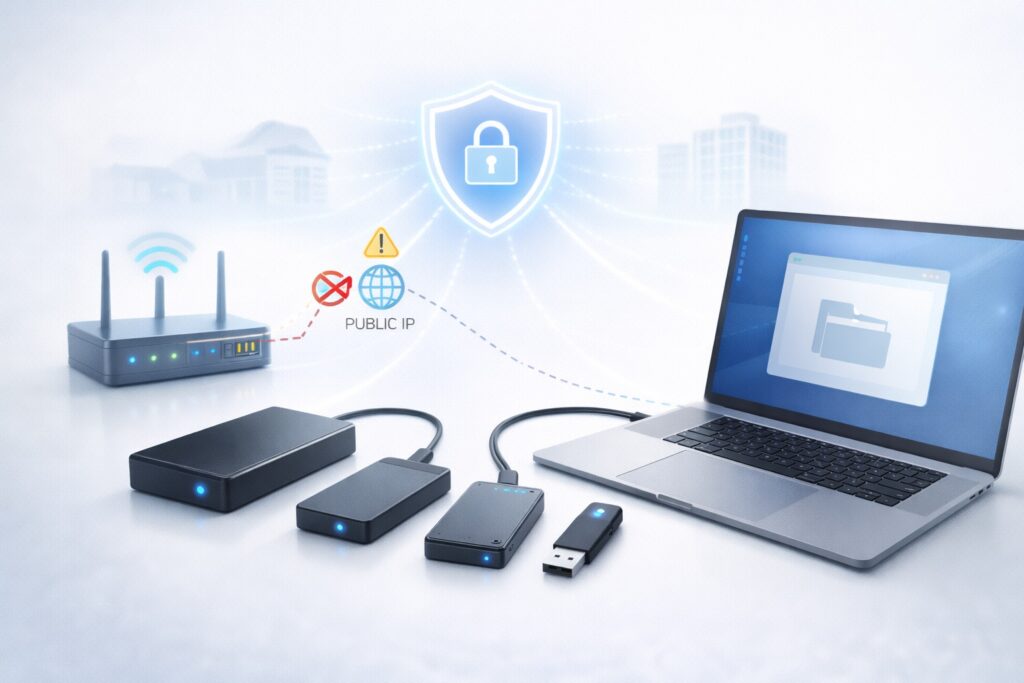 Laptop connected to external hard drives and USB storage, illustrating secure remote access without public IP or complex network configuration.