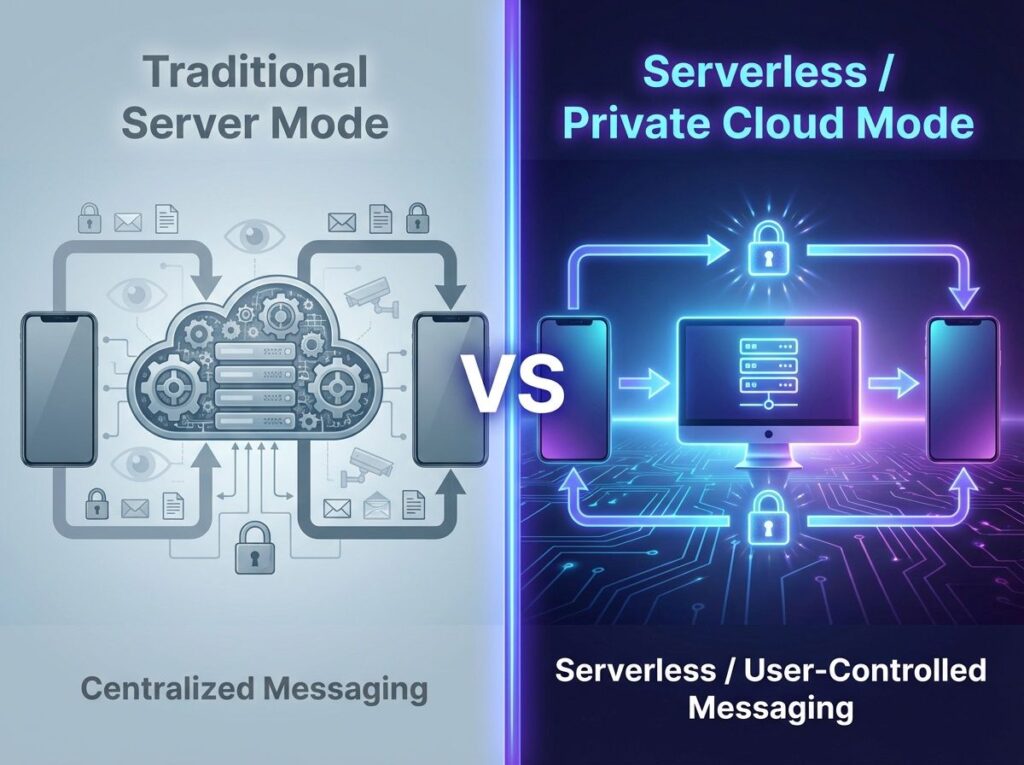 serverless messaging vs centralized server communication illustration