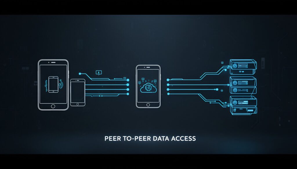 Peer-to-peer data access between personal devices and external storage, illustrating remote access without cloud-based data storage.