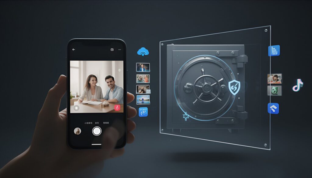 摩连应用内保密柜示意图，展示私密照片拍摄后直接进入加密隔离空间，不进入系统相册，避免被系统和第三方应用访问