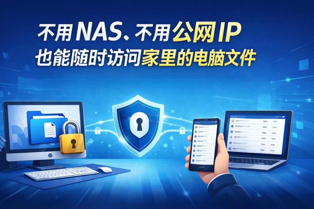 不用 NAS、不用公网 IP，通过摩连安全远程访问家里电脑文件的示意图，展示加密文件访问、电脑与手机多设备连接、文件与系统隔离的私有云解决方案