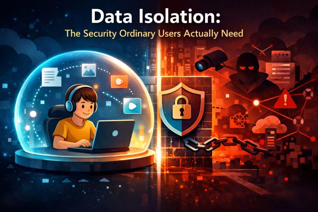 插画展示数据隔离的安全概念，个人文件被隔离在安全边界内，与外部风险和系统保持距离。